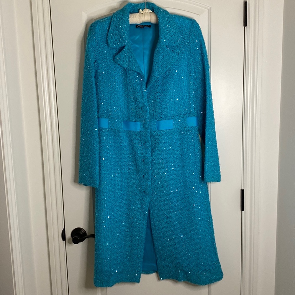 Betsey Johnson long coat. Turquoise with sparkles. Size 10